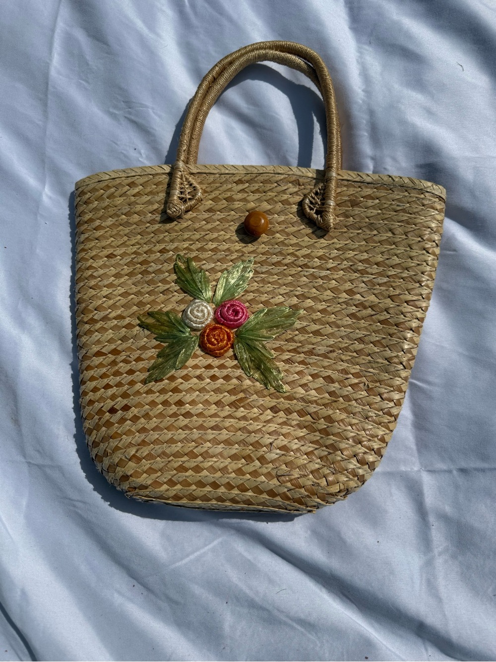 Woven Straw Tote Bag with Floral Embroidery - Natural